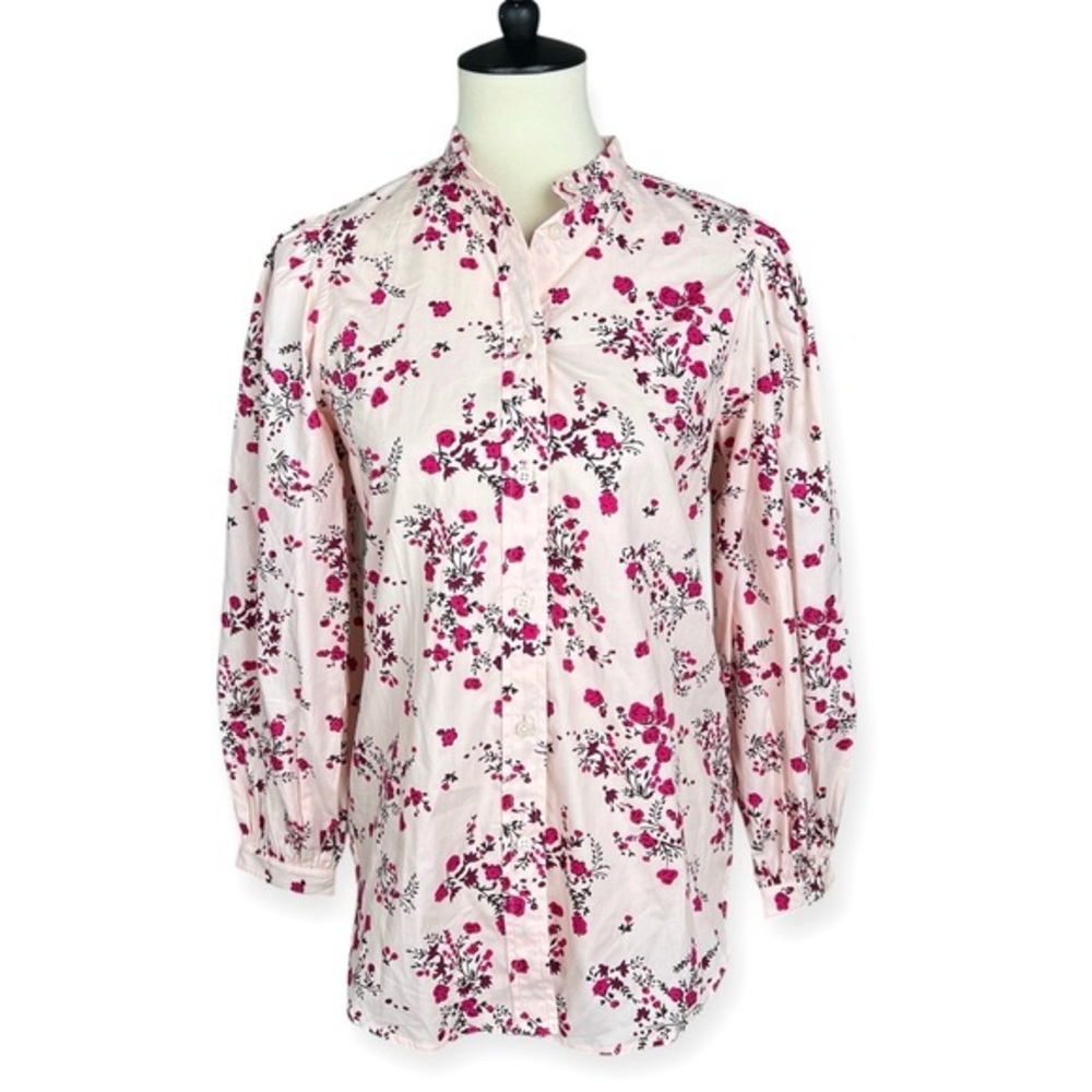 J. Crew Classic Fit Puff Sleeve Shirt Pink Floral‎ Button Front Cotton Sz 2 NEW